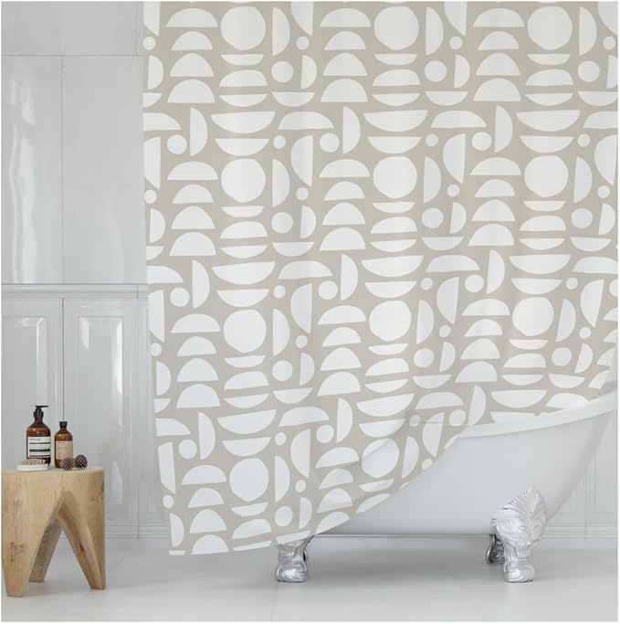 Beige White Abstract Print Shower Curtain - Boho Pattern - Modern Minimalist Home Decor - Neutral Scandi Style Fabric Shower Curtain For Any Bathroom - 72x72 Inches (Neutral Half Circle)