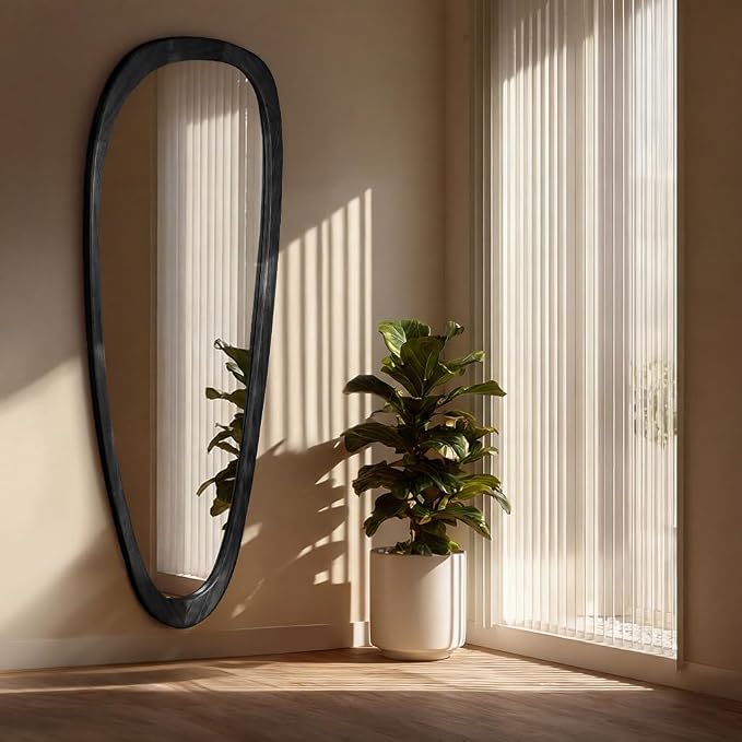 22‘’x60'' Asymmetrical Rustic Wall Mirror for Bathroom Black Wood Frame, Irregular Classic Mirror Farmhouse Vanity Mirror,Mid Century Modern Mirror Decor Living Room, Bedroom, Entryway