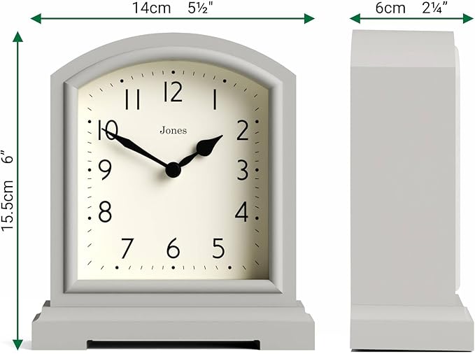 JONES CLOCKS® Tavern Mantel Clock | Modern Arch top Design | Pale Gray | Contemporary Classic Style for Desk, Table, Shelf or Bedside