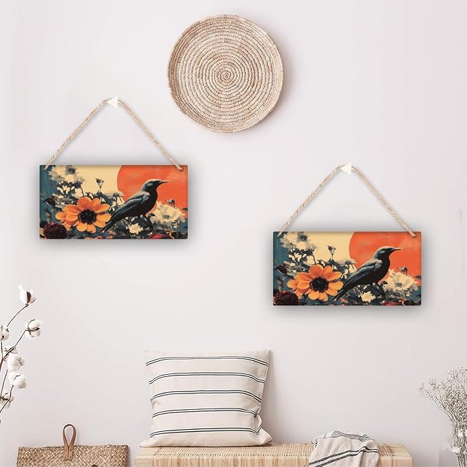 Retro Black Bird & Red-White Flowers Art Wooden Sign 12x6 Inch - Eclectic Living Room Decor for Vintage Fans - Ideal Gift for Unique Interior Collectors