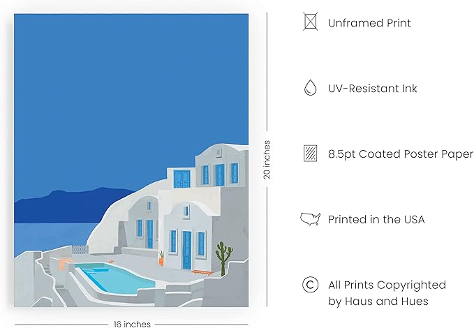 HAUS AND HUES Vintage Travel Posters - Greece Art Prints for Wall Decor, Blue Posters of Travel Themed Photo, Beachy Aesthetic Wall Art Prints, Greece Photo, Mykonos Artwork (16x20, Unframed)