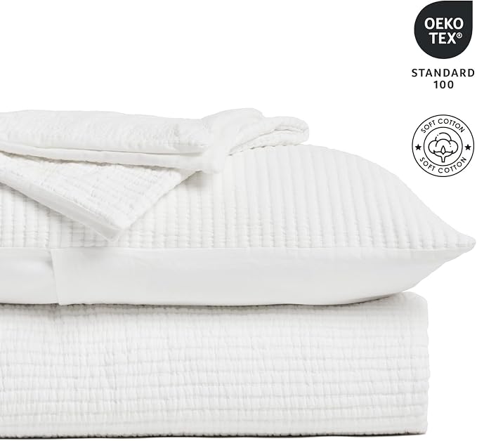 EVERGRACEHOME Cotton Gauze King Bedspread, Ultra Soft Prewashed Pick Stitch Matelassé Coverlet, Lightweight Textured Oversized King Quilt Bedding Set for All Season, with 2 Shams, Ivory White