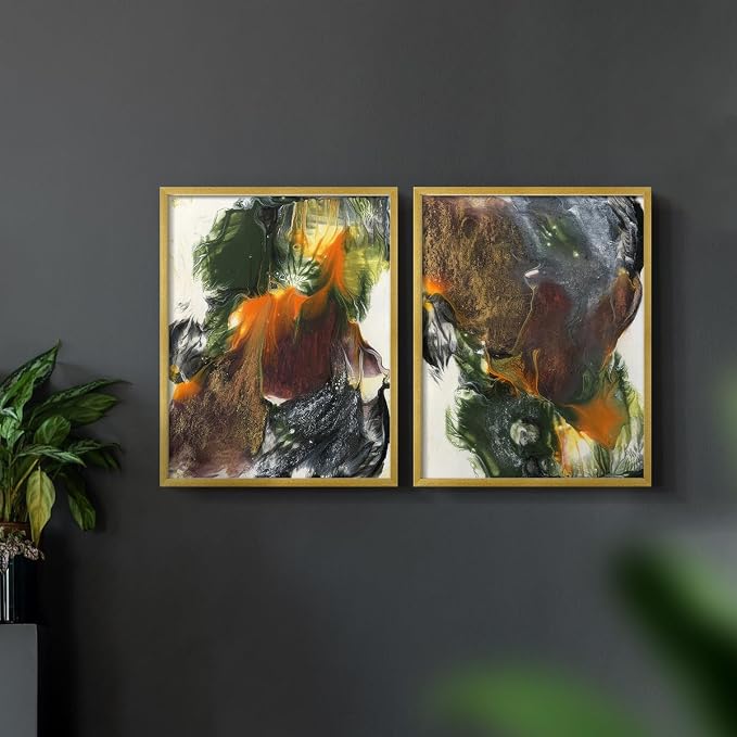 Renditions Gallery Set of 2 Peel & Stick Framed Prints, Watercolor Abstract Wall Art, Colorful Fluid Design Wall Decor, Re-Stickable - Ready to Hang - 16"x20" - GOLD Frame LT588