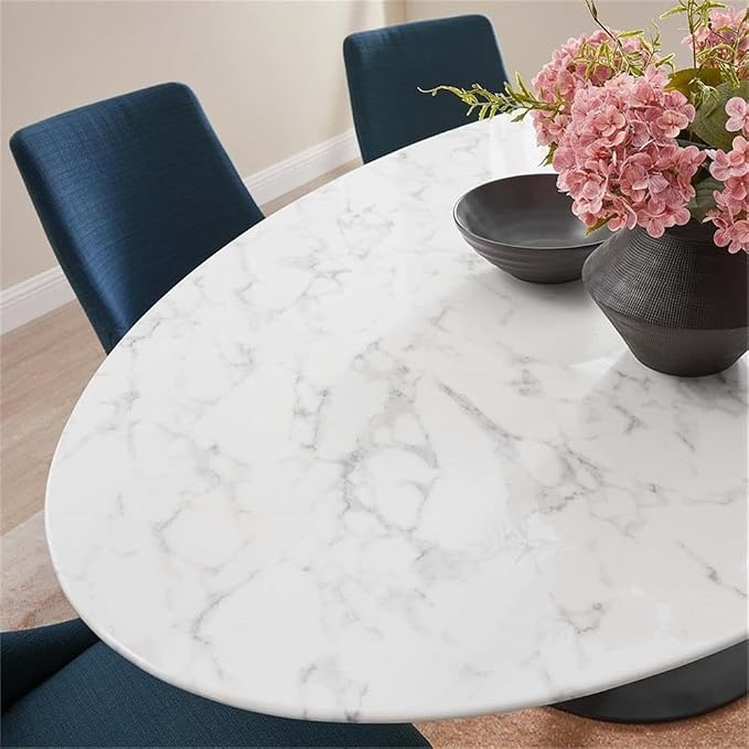 Modway Lippa 78" Oval-Shaped Mid-Century Modern Dining Table with Artificial Marble Top and Black Base