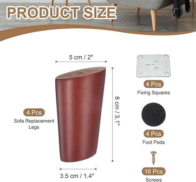 PATIKIL Wood Furniture Legs, 4Pcs 3.1" Tapered Replacement Sofa Leg for Chair Couch Bed Coffee Table Dresser, Red Walnut