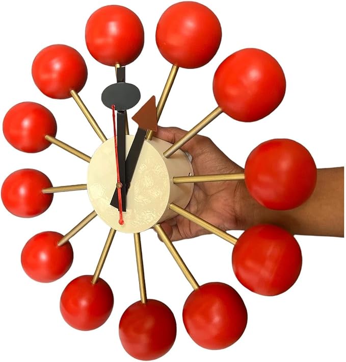 Mid Century Modern Ball Clock – George Nelson Style Wooden Wall Clock, Retro Starburst Design, Silent Non-Ticking Decorative Wall Decor for Living Room, Office, Kitchen & Home (Red, 20 Inch)