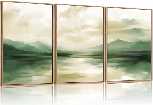 FWIEXA Sage Green Abstract Canvas Wall Art Set of 3, Framed Beige White Mountain Painting, Neutral Watercolor Landscape Prints, Nature Mountains Lake Prints, 16x24In Artwork for Living Room, Bedroom