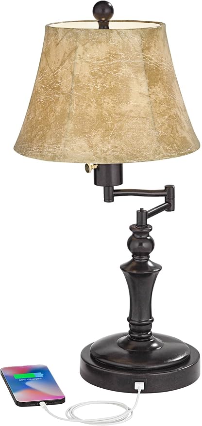 Regency Hill Corey 21.75" High Traditional Natural Cottage Swing Arm Hotel Style Desk Table Lamp with USB Ports A+C Charging Bronze Metal Faux Leather Bell Shade Living Room Bedroom House Bedside