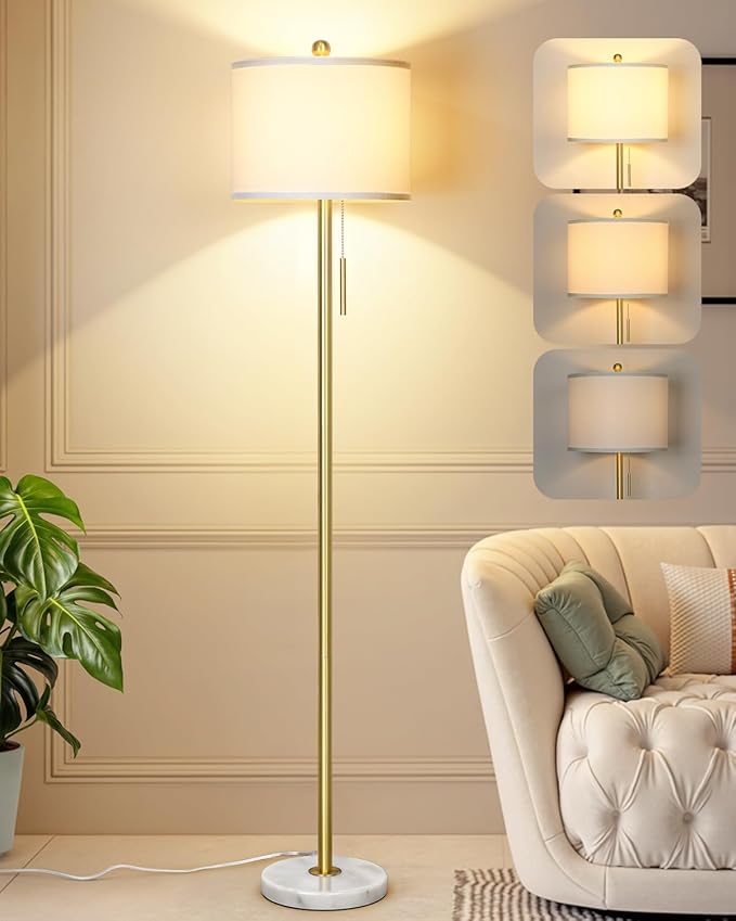 Qingmiao 【Upgraded】 Dimmable Gold Floor Lamps for Living Room, 63in Modern Standing Lamp with Marble Base, Tall Pole Light with White Linen Shade for Bedroom Reading Office Corner Nursery