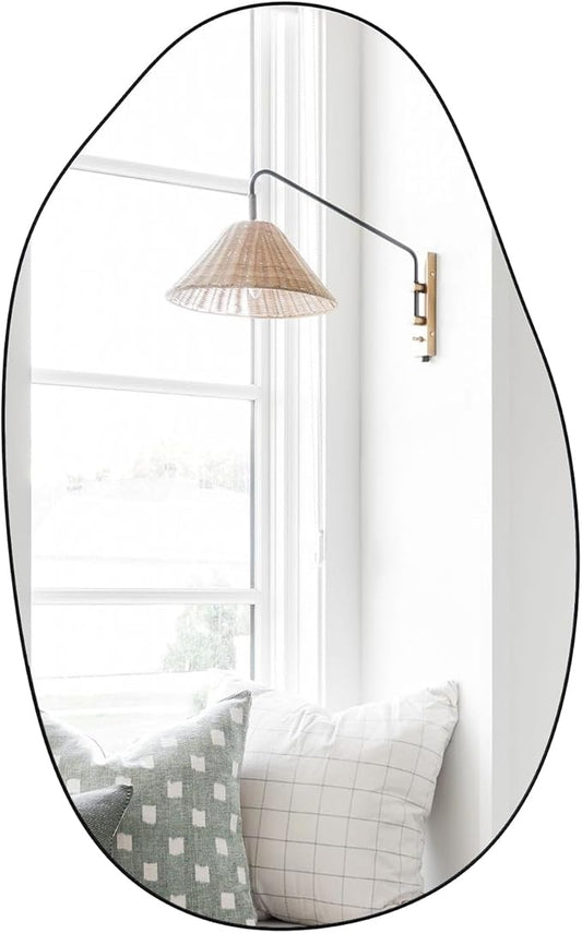 Black Mirror for Bathroom,20.5"x33.5" Wood Framed Vanity Mirror,Irregular Oval Wall Mirror Asymmetrical Aesthetic Mirror for Living Room Bedroom Entryway Horizontal/Vertical