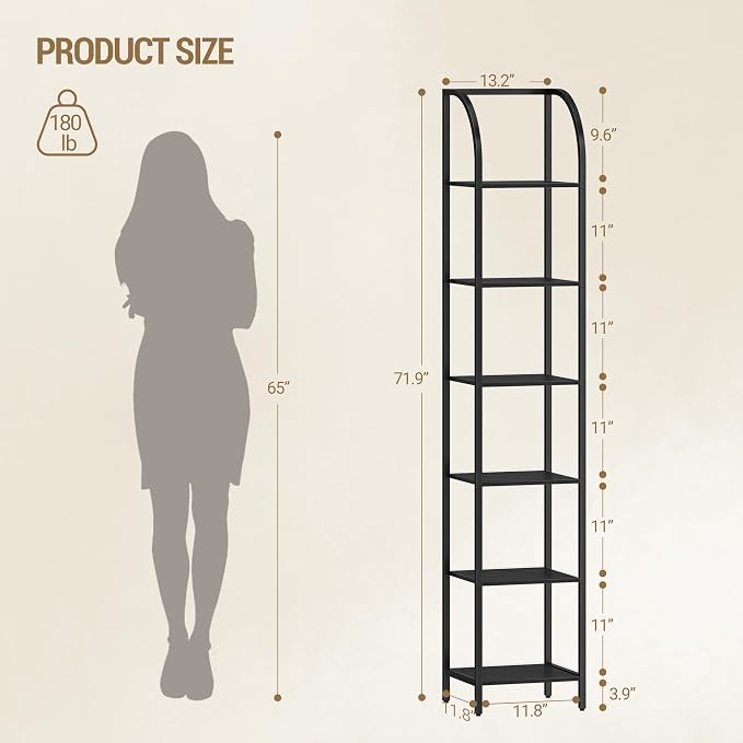 Hzuaneri Bookshelf Narrow Bookcase, Tall Storage Rack with Steel Frame, Display Standing Shelf Unit, Skinny Book Shelf for Study Living Room Home Office, Industrial Style, 6-Tier Black BC56004B
