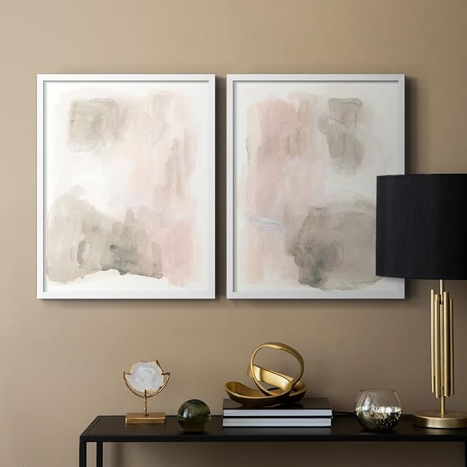 Renditions Gallery Set of 2 Peel & Stick Framed Prints, Watercolor Abstract Wall Art, Nude Color Neutral Aesthetic Wall Decor, Re-Stickable - Ready to Hang - 8"x10" - White Frame LT588