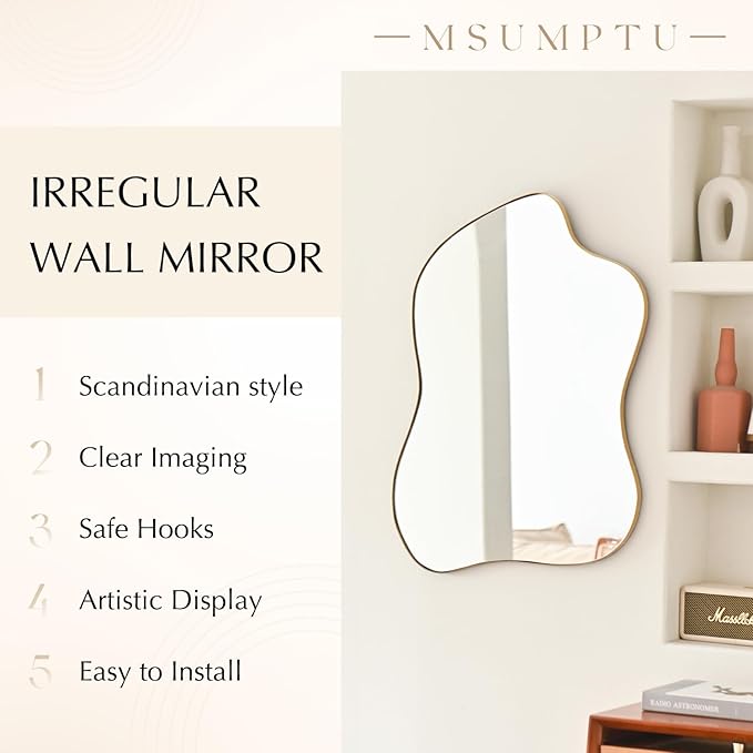 Irregular Wall Mirror Gold Wave Shaped Metal Framed Wall Mirror for Bathroom Bedroom Entryway Living Room Wall Decor 28" L x 20" W 2304Gold