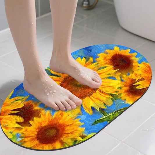 Abstract Sunflower Oval Bath Mat Diatomaceous Mud Mats with Rubber Backing Ultra Soft Washable 23.6"×15.7" Quick Dry Thin Bath Rugs for Bathroom Floor Bathtub Vanity Easy Care