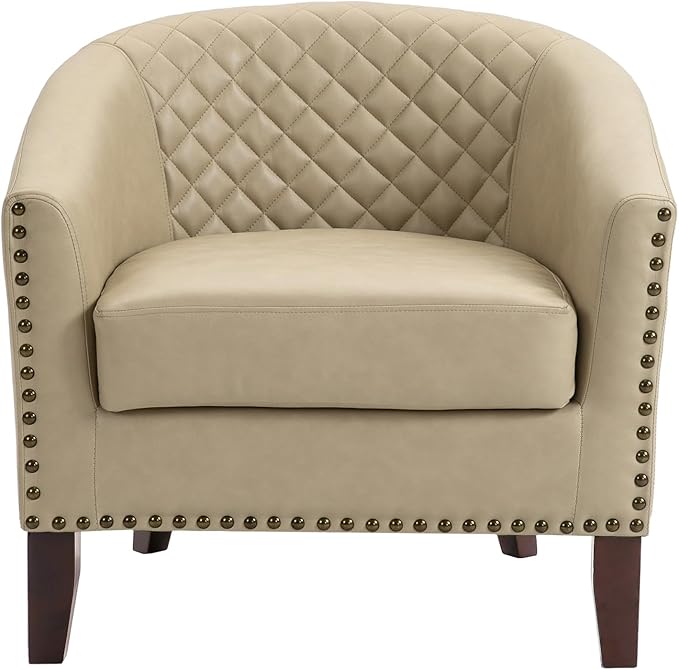 UIXE Faux Leather Accent Chair, Barrel Club Chair Upholstered Armchair for Living Room, Comfy Modern Round Arm Chair Bedroom Reading Seat - Beige