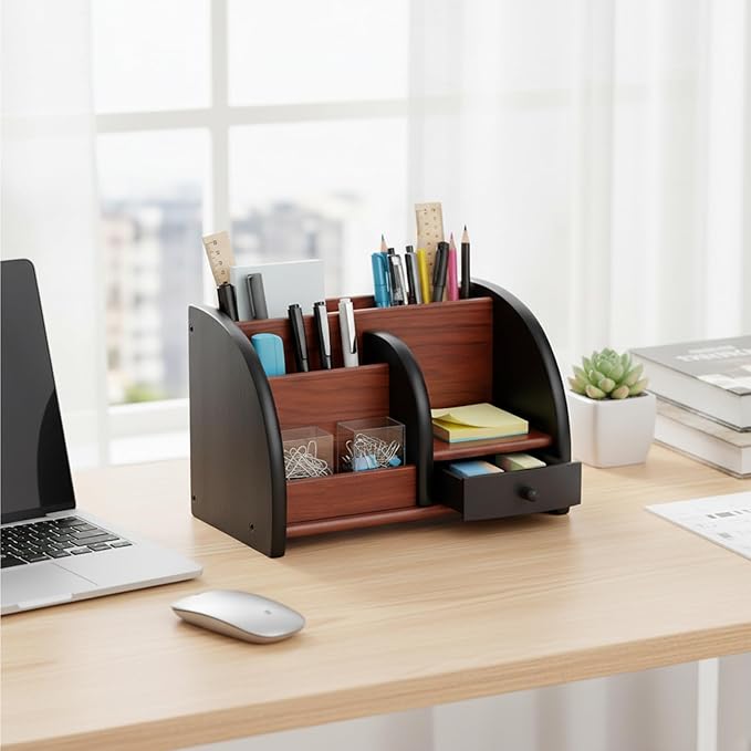 Wood Desk Organizer, Walnut Brown Table Top Organizer, Handcrafted Wooden Desktop Storage for Pens, Office Supplies, and Small Items Wood Desk