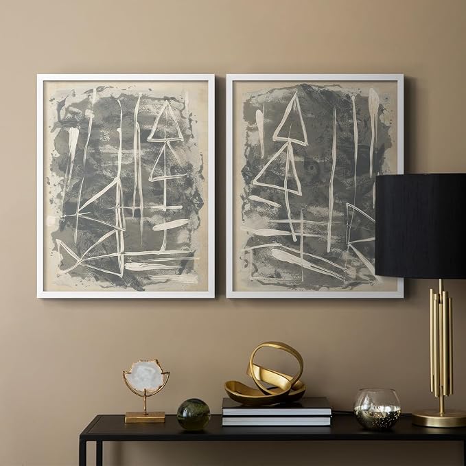 Renditions Gallery Set of 2 Peel & Stick Framed Prints, Trendy Abstract Wall Art, Textured Linework Striking Wall Decor, Re-Stickable - Ready to Hang - 11"x14" - White Frame LT588
