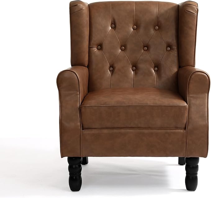 High Back Accent Chair, PU Leather Upholstered Armchair Wingback Chair for Living Room, Comfy Single Sofa Bedroom Reading Seat with Solid Wood Legs, Brown
