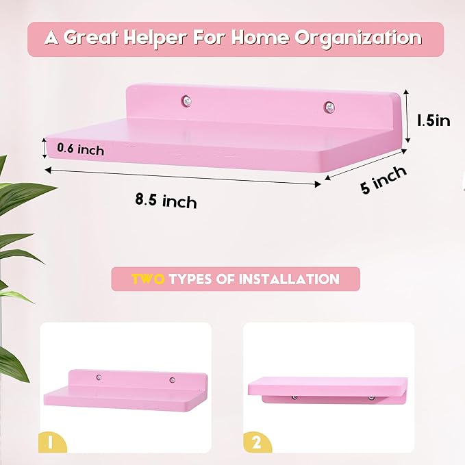 Small Floating Shelf,5 x 8.5 Inch,Set of 3 Small Wall Shelf for Bedroom Living Room Bathroom Kitchen Office (Pink)