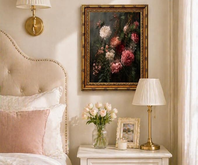 Dark Romantic Floral Wall Art Vintage Botanical Painting Moody Flower Still Life Print Gothic Dark Academia Wall Decor Antique Style Floral Picture Framed Vintage Frame 8x10 Inches