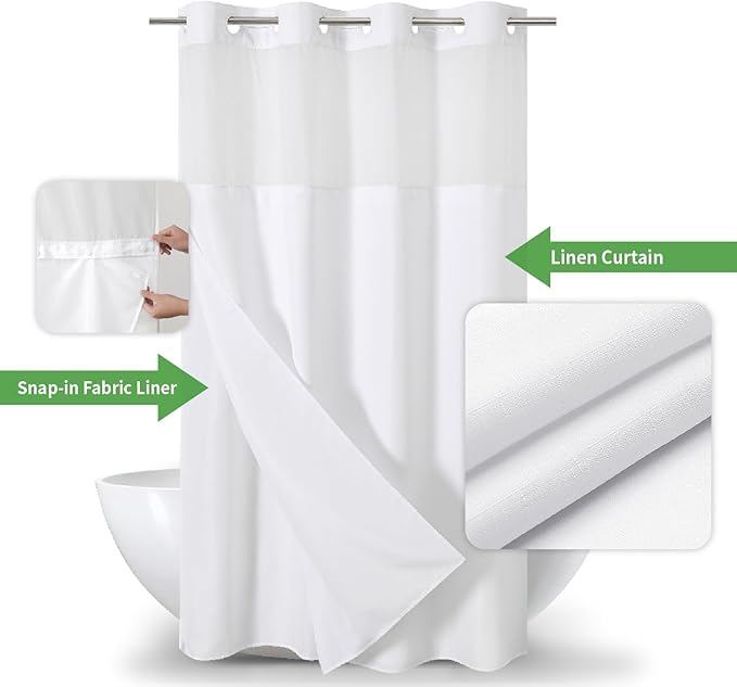 Stall No Hooks Needed Linen Textured Shower Curtain with Snap-in Fabric Liner Set,Hotel Luxury Decor Shower Curtains for Bathroom,Waterproof & Washable,54Wx74H,White