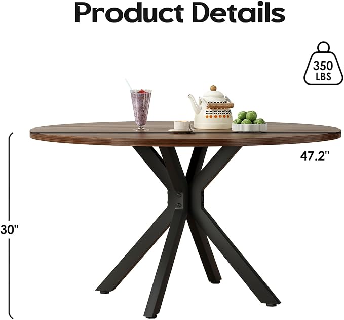 Soohow 47.2" Solid Wood Round Dining Kitchen Table for 4-6 People with Intersecting Pedestal Base