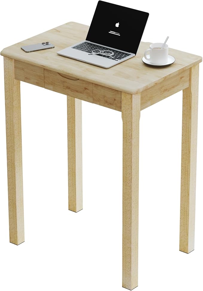Solid Wood Desk with Drawers - 24 x 16 Inch Simple Narrow Desks, Rubber Wood Study Table, Small Writing Desk for Small Spaces|Bedroom - Natural Boho Desks