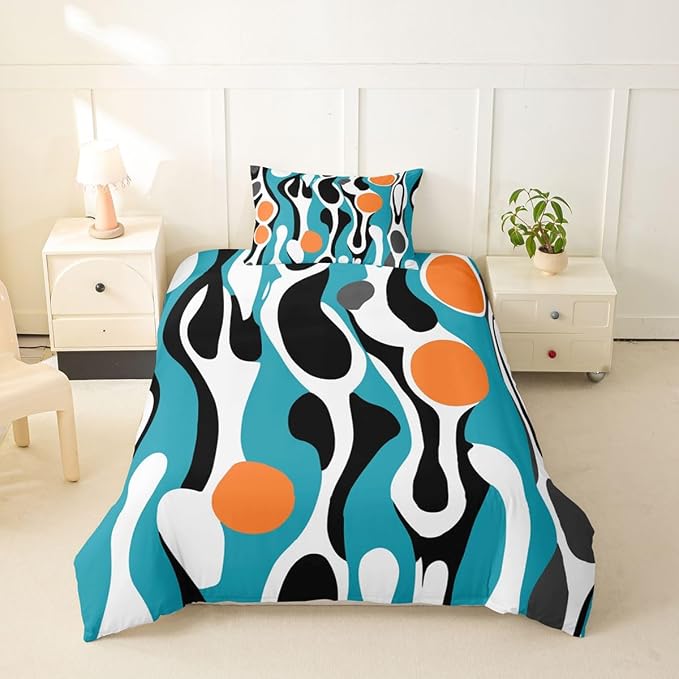 Erosebridal Mid Century Modern Abstract Duvet Cover Set Vintage Geometric Girl Toddler Bedding Set for Toddler Boys Contemporary Organic Shapes Comforter Cover Squiggle Blob Bed Sets,Teal Orange