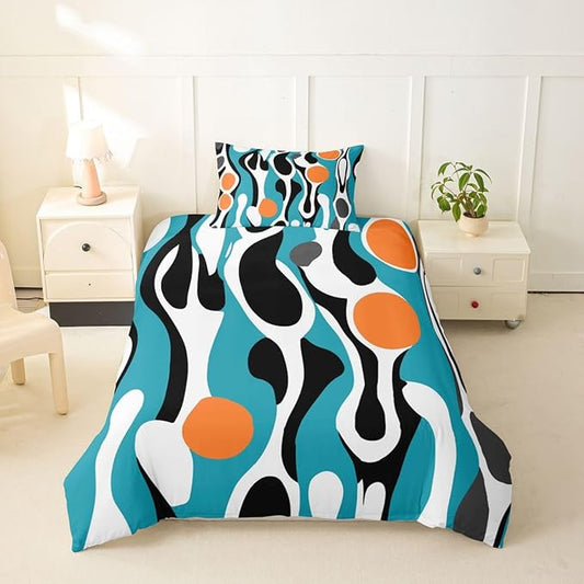 Erosebridal Mid Century Modern Abstract Duvet Cover Set Vintage Geometric Girl Toddler Bedding Set for Toddler Boys Contemporary Organic Shapes Comforter Cover Squiggle Blob Bed Sets,Teal Orange