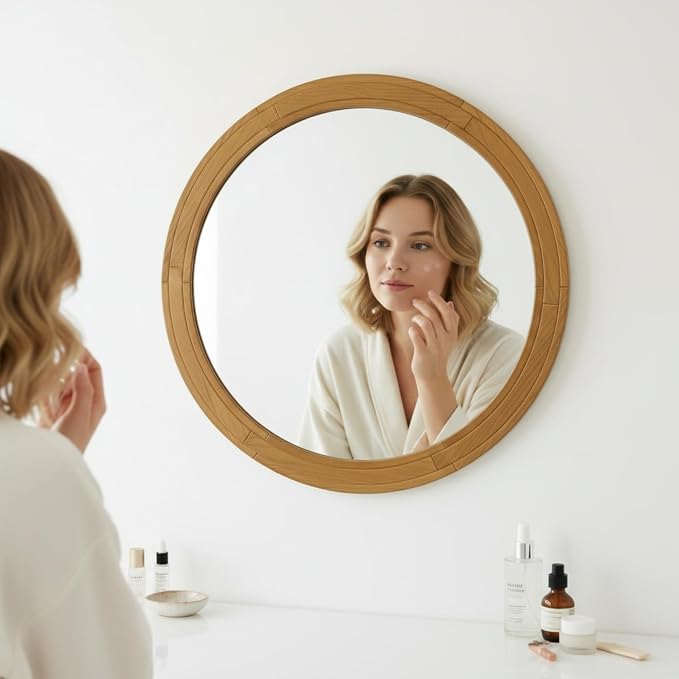 ZIYOO 30 Inch Round Wood Wall Mirror, Farmhouse Rustic Circle Mirror, Wall Mounted Decorative Mirror for Bathroom Vanity, Living Room, Entryway, Bedroom, Vanity, Hallway