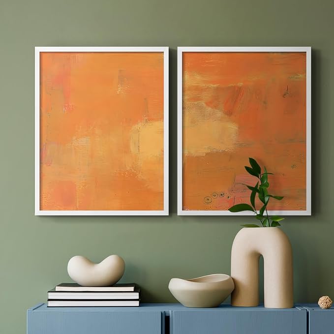 Renditions Gallery Set of 2 Peel & Stick Framed Prints, Abstract Wall Art, Rustic Fain Marking with Brush Strokes Wall Decor, Re-Stickable - Ready to Hang - 8"x10" - White Frame LT588