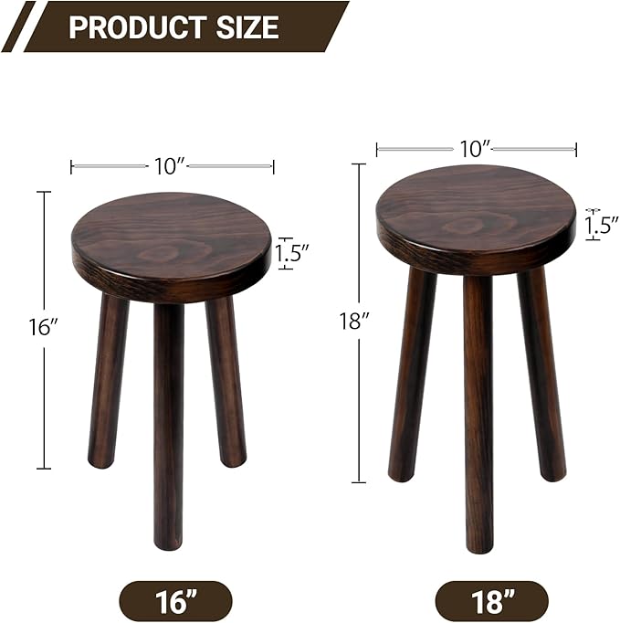 Wood Plant Stand Set of 2 (18+16" Tall) - Dark Walnut Round Solid Wood Plant Stand, Side Table, or Bathroom Stool - Heavy Duty Stool for Small Spaces
