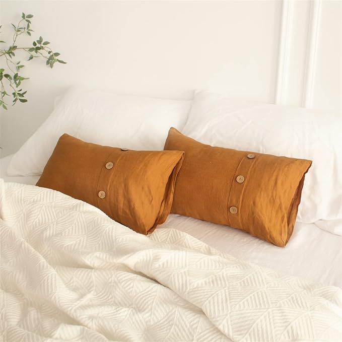 Simple&Opulence 100% Linen Lumbar Pillow Cover 12 x 20 Inch Set of 2 Rectangular Decorative Pillow Cover with Vintage Triple Coconut Button for Couch Sofa Bed Living Room Office Décor - Rust