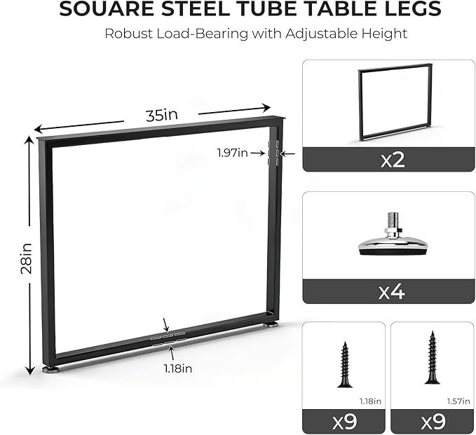 Table Legs 28”H x 35”W Heavy Duty Metal Furniture Legs Square for Dining Table Kitchen Table Office Desk Table Base Replacement with Adjustable Feet Pads Screws 1000 LBS Load Black Set of 2