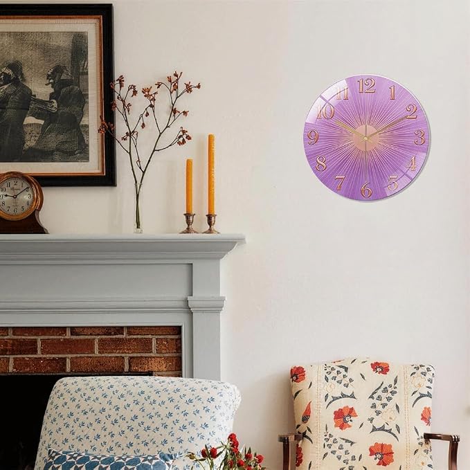 24 Inch Purple Sunburst Glass Wall Clock Silent Art Decor | Silent glossy clock with a purple sunburst and rose gold numbers, perfectly tracking time for your bedroom or living room