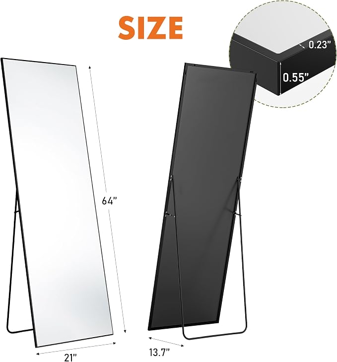 OLIXIS 64"x 21.5" Mirror Full Length, Full Body Mirror with Stand, Hanging or Leaning for Wall, Floor Standing with Shatter-Proof Glass for Bedroom, Living Room, Long, Black