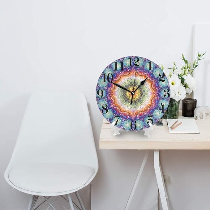 Mandala Wall Clock Battery Operated Silent Round Clock Peacock Feathers Wall Decor for Home Office School, 12 Inch