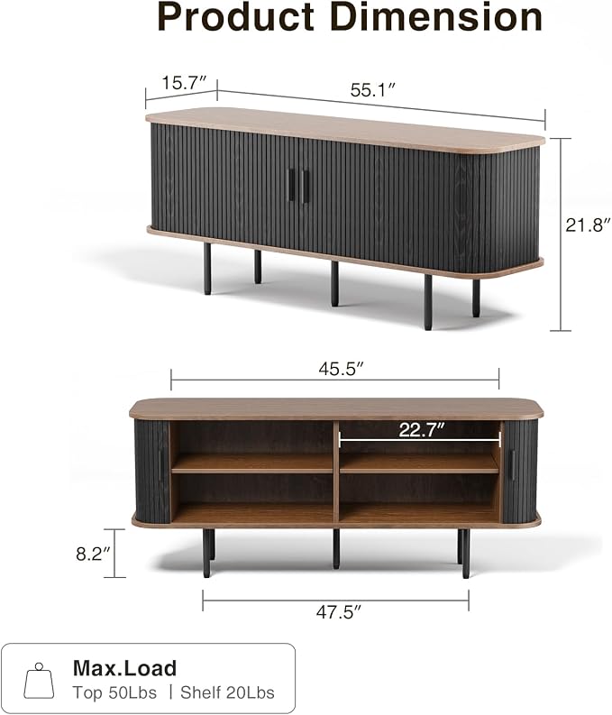 55''W Black Cabinet with Storage, Media Console, Tambour TV Stand, Television Stands with Curvy Edge; Sliding Door, Fluted Cabinet, Buffet Sideboard, Credenza, Table Stand for Living Room, Kitchen