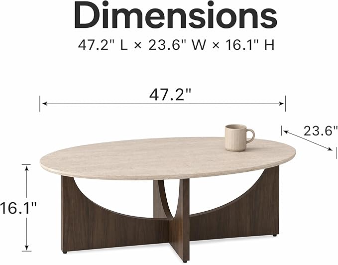 Honyee Oval Coffee Table 47 Inch for Living Room, Travertine-Look Center Table with Wood Base, Large Beige Oval Coffee Tables for Home Apartment Small Spaces