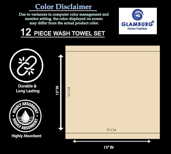 GLAMBURG Ultra Soft 12-Piece Washcloths Set 13x13-100% Ringspun Cotton - Durable & Highly Absorbent Face Towels - Ideal for use in Bathroom, Kitchen, Gym, Spa & General Cleaning - Navy Blue