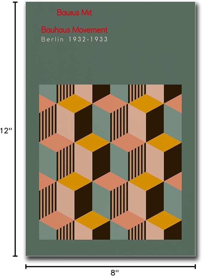 Poster Decorative Canvas Painting Bauhaus Exhibition Poster Geometric Minimalist Abstract Wall Art Print Mid Century Modern Orange Sage Green Decor Kitchen and Dining Room Wall Decoration 8x12inch wood Frame