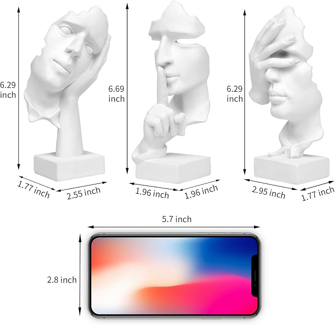 3 Pcs Thinker Statue, Silence is Gold Abstract Art Figurine, No Hear No See No Speak Modern Home Resin Sculptures Decorative Objects Decor for Home Office Bookshelf Desktop(White), A-41