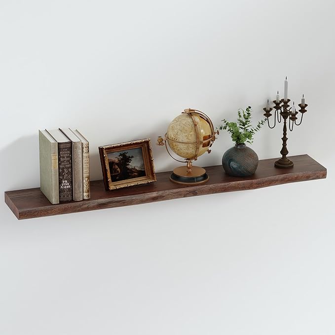SAUMONIERES Live Edge Floating Shelves for Bedroom Living Room Wall Mounted Storage Long Natural Elm Wood Shelf Large Heavy Duty 8 Inch Deep, 48 inch Set of 1 Walnut Floating Shelf