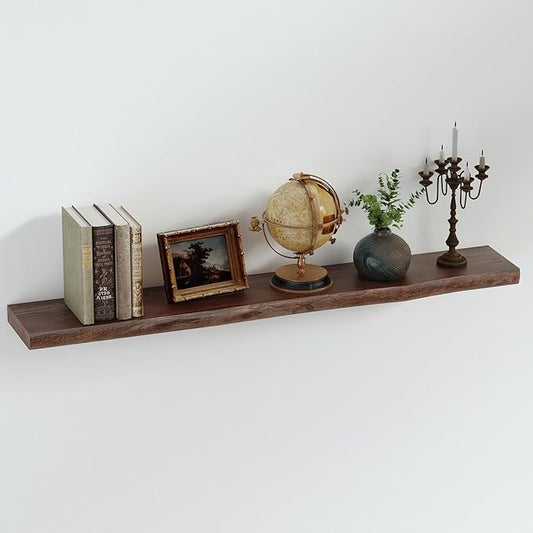 SAUMONIERES Live Edge Floating Shelves for Bedroom Living Room Wall Mounted Storage Long Natural Elm Wood Shelf Large Heavy Duty 8 Inch Deep, 48 inch Set of 1 Walnut Floating Shelf