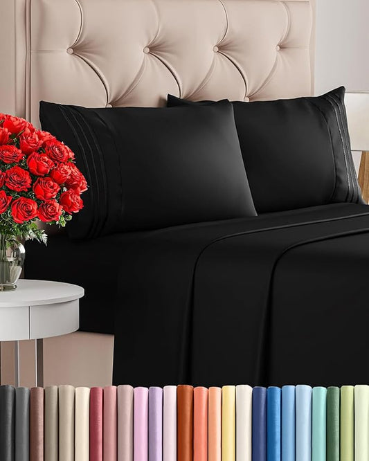 Cal King Size 4 Piece Sheet Set - Comfy Breathable & Cooling Sheets - Hotel Luxury Bed Sheets for Women & Men - Deep Pockets, Easy-Fit, Extra Soft & Wrinkle Free Sheets - Black Oeko-Tex Bed Sheet Set