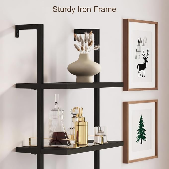 Rattan Bookcase, 6 Tier Ladder Bookshelf with Rattan Cabinet, Wall Mount Tall Bookshelves and Bookcases with Metal Storage Shelves Display for Living Room Bedroom Home Office, Black