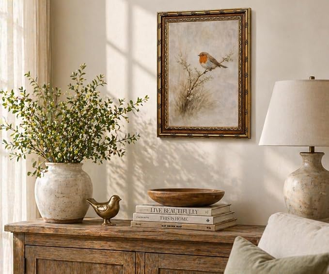 Vintage Gold Framed European Robin Perched on Branch Wall Art - Redbreast Robin Bird on Twig with Flowers Painting Print, Antique Gold Frame Nature Picture Wall Decor 8x10 Inch