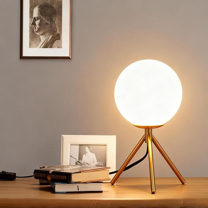 Mid Century Modern Table Lamp - Gold Glass Globe Desk Reading Lamp - Contemporary Minimalist Brushed Brass Bedside Desk Nightstand Industrial Vintage Bedside Table Light