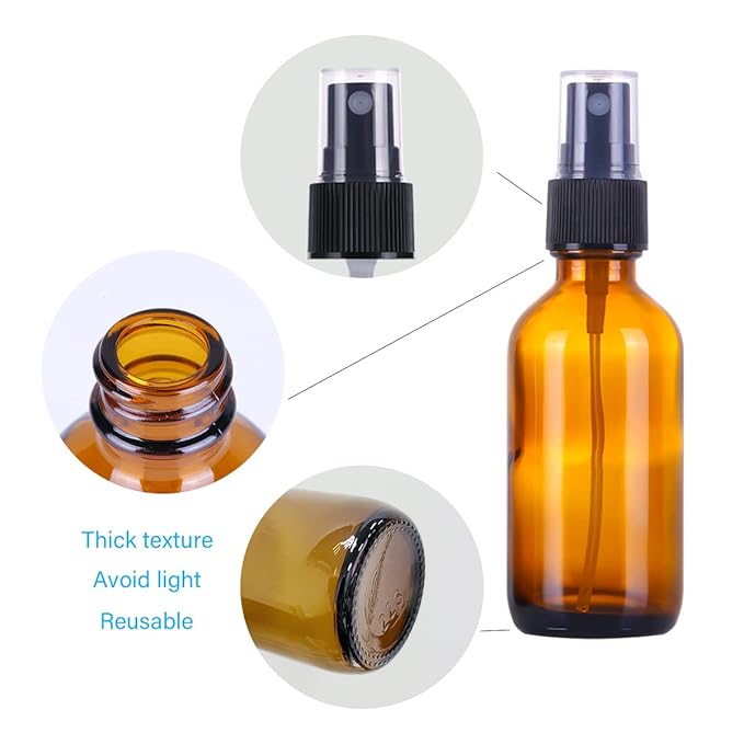 LUFEVRM 2oz Glass Spray Bottles,Empty Small Perfume Travel Refillable Reusable Fine Mister Spray Bottle for Hair,Cleaning Solutions,Aromatherapy and Essential Oil with Extra Nozzle (3 pack, Amber)