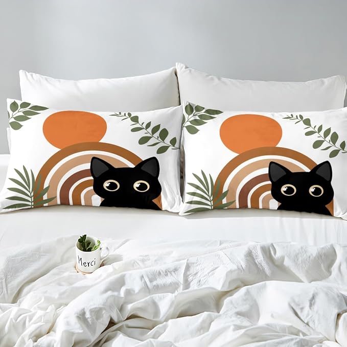 Erosebridal Funny Cat Comforter Cover Full Vintage Mid Century Bedding Set Modern Minimalism Animals Duvet Cover for Kids Girls Boys Adults Boho Abstract Geometric Bed Set